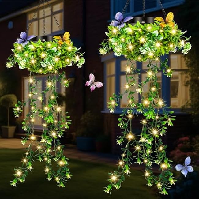 Solar Hanging Garden Lights - 2 Pack, 66 LEDs Butterfly & Flower Decor, IP65 Waterproof Summer Patio Lights for Outdoor Party Camping Poolside, Romantic Wedding, Gifts for Daughter Mom Grandma