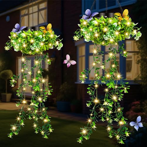 Solar Hanging Garden Lights for Spring Summer, 2 Pack 66 LEDs Realistic Flower Vine Fairy String Lights, IP65 Waterproof - Detailed View