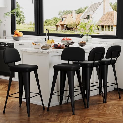 Image of Yongchuang 26 inch Bar Stools Set of 4, Black Faux Leather Counter Height Stools with Back Metal Legs Modern Upholstered Kitchen Island Bar Chairs
