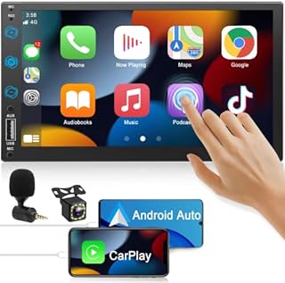 Double Din Car Stereo Radio Voice Control Apple Carplay & Android Auto, 7In HD LCD Touch Screen Bluetooth 5.2, MP5 Player with Mirror Link, Front/Backup Camera, USB/SD A/FM Audio Receiver, Subwoofer