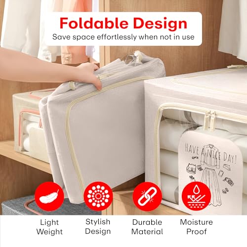 Image of Prime Pick Zip Guard Storage Box Foldable Clothes Organizer Double Zipper Lid Reinforced Handles Breathable Washable Fabric Wardrobe Closet Cupboard Space Saving Storage Bin Beige Pack of 1