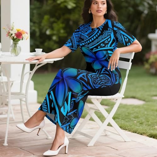 Image of Puletasi Samoan Traditional 2 Piece Outfits for Women Short Sleeve Crop Top and Maxi Skirt Sets Puletasi Dress