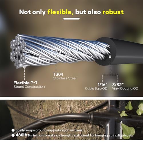 KALLSDY Vinyl Coated Wire Rope 1/16 Inch Overmolded to 3/32 Inch, 800FT 304 Stainless Steel Cable with 250 Pcs Crimping Sleeves for String Light Hanging Kit, Clotheslines and Trellis Wire by KALLSDY - Image 2