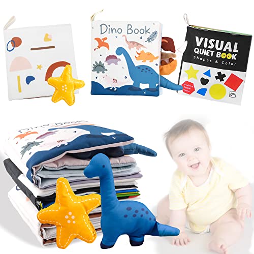 Image of Richgv Baby Books Toys 3 Packs, Dino Number High Contrast Black and White Books Non Toxic Fabric Touch and Feel Crinkle Cloth Books Baby Toys Gifts 0-3-6-12 Months Infant Baby Stuff