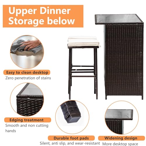 PayLessHere Rattan Bar Set 3Pcs Patio Wicker Bistro Set Sturdy Frame Bar Height Table with Glass Table Top Storage Shelves 2 Bar Stools for Patio Poolside Porch Outdoor Indoor (Khaki) - Image 4
