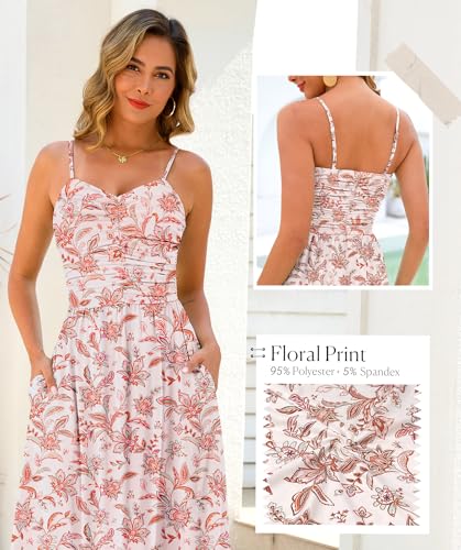 Image of Annebouti Women 2026 Summer Spring Ruched Maxi Dress Adjustable Spaghetti Strap Floral Beach Long Sundress with Pockets