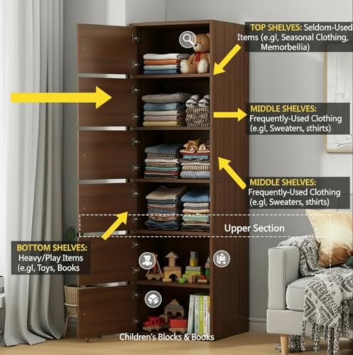 Image of EXVITO Engineered Wood Wardrobe for Bedroom | Foldable 6-Shelf Wooden Storage Cabinet | Cupboard Almirah for Clothes | Collapsible Wardrobe | Space Saving Wooden Cabinet - WALLNUT