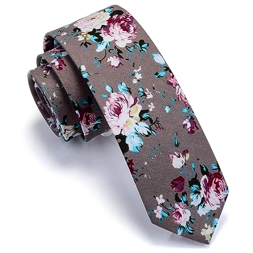 Image of GUSLESON Fashion 2.4 inch(6cm) Floral Skinny Tie for Men Slim Flower Print Cotton Necktie for Wedding Party