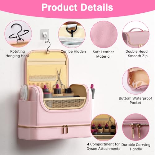 Double Layers Travel Case for Dyson Airwrap Large Capacity PU Leather Shark Flexstyle Case Portable Hanging Storage Bag for Airwrap Styler Attachments, Hook, Dry and Wet Section(Pink) - Image 4