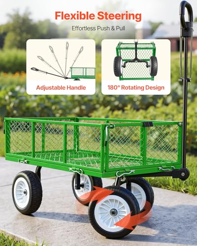 Image of VEVOR 900 LBS Steel Garden Cart, 2 in 1 Handle, Heavy Duty Pullable Garden Wagon with 10 inch Flat-Free Tires, Outdoor Utility Yard Wagon Cart with Detachable Side Panels, Attach to ATV or Tractor