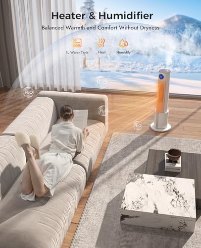 Image of Space Heater with Humidifier - Portable Tower Heaters for Indoor Use, Remote, Adjustable Thermostat, 3 Heat Modes, Multiple Safety Protection, 12H Timer, Quiet Electric Heater for Bedroom