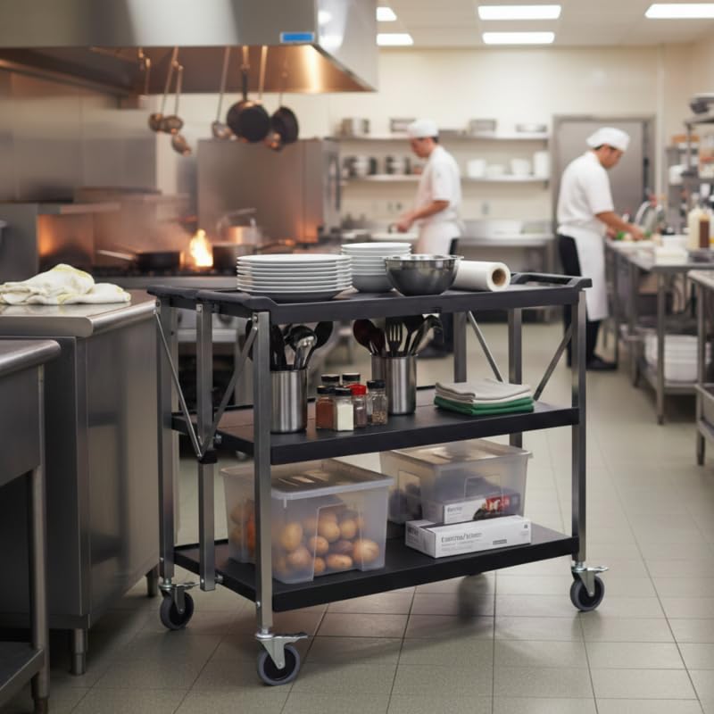 Carro de servicio plegable de 3 niveles - 930 x 510 mm - 50 kg/bandeja - Polipropileno