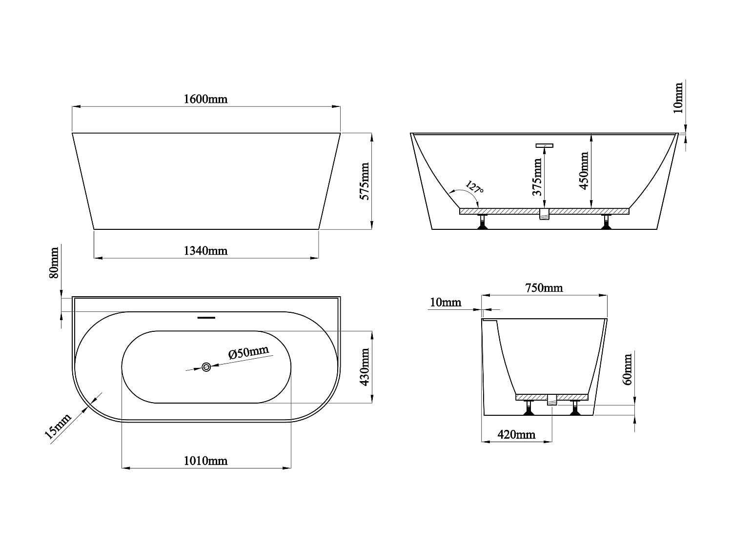 Vente-unique - Vasca da bagno semi-freestanding 1 posto Amobia - acrilico - bianco