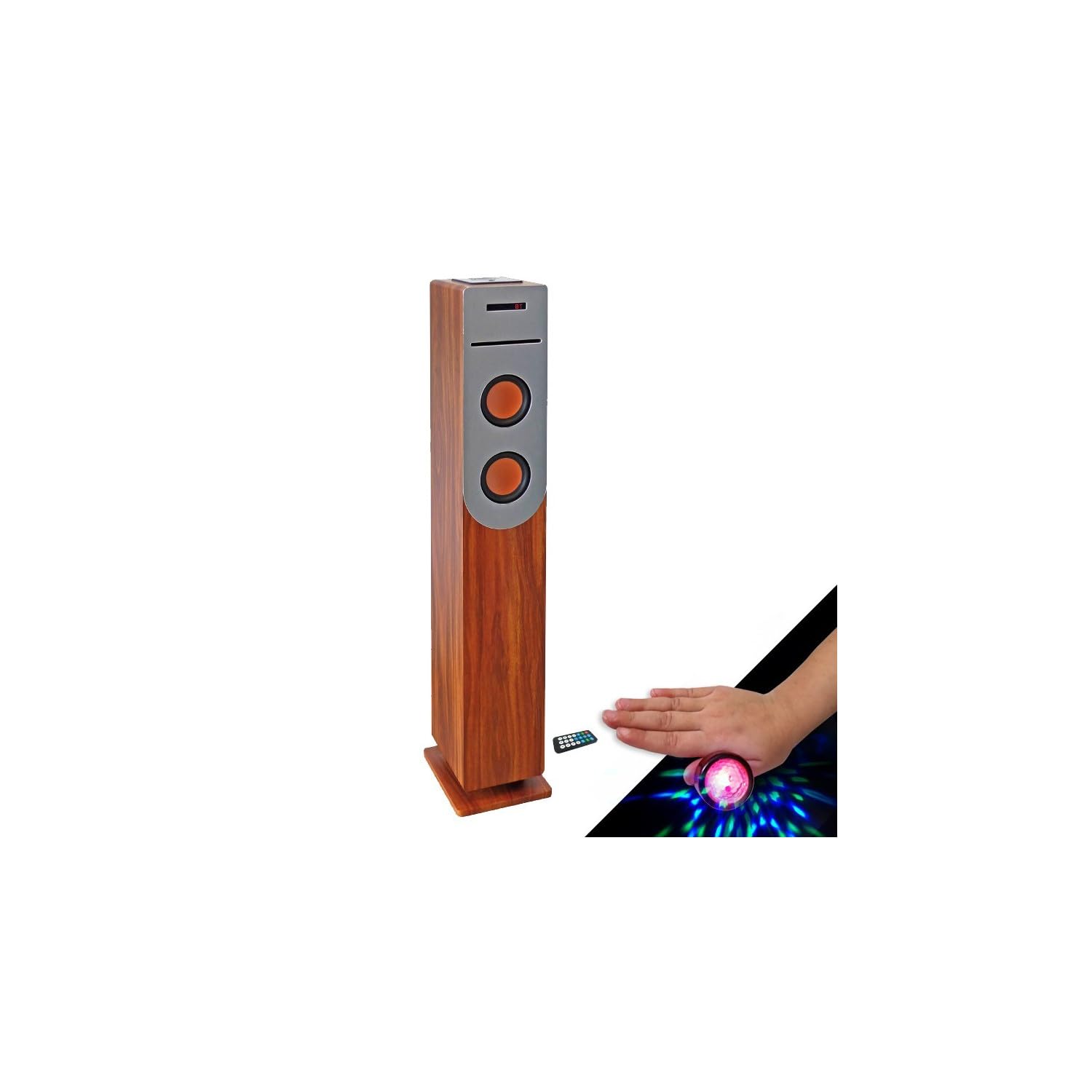Tour de Son Finition 100W Bois avec Lecteur CD, Bluetooth, FM et USB, Télécommande, Colonne, Jeux lumières Bagues LED en Cadeaux