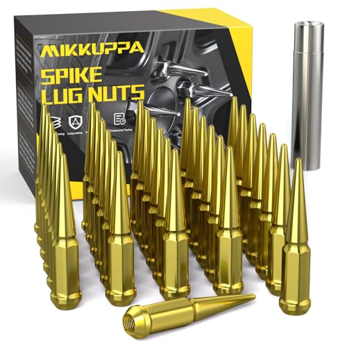 Image of MIKKUPPA M14x1.5 Wheel Spike Lug Nuts, 32 PCS Gold Spiked Lug Nuts 14mmx1.5 Solid 4.4 inch Tall Acorn Lug Nut with 1 Socket Key Replacement for Chevy Silverado 1500 2500 3500, F150 F250 F350