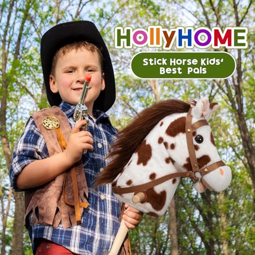 HollyHOME Stick Horse Plush Handcrafted Hobby Horse on a Stick with Wood Wheels Real Pony Neighing and Galloping Sounds for Kids Toddlers Appaloosa 36 Inches (AA Batteries Required) - Image 4