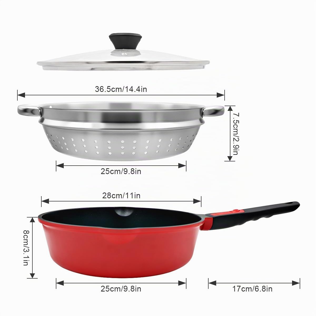 Sartén de 28 cm, juego de 4 piezas Sartén antiadherente (sartén con tapa, cesta vaporera/colador, espátula de silicona), con mango extraíble, apta para horno (Rojo-negro) | Mango desmontable, apto para todas las estufas, incluyendo inducción, sin PTFE, PF