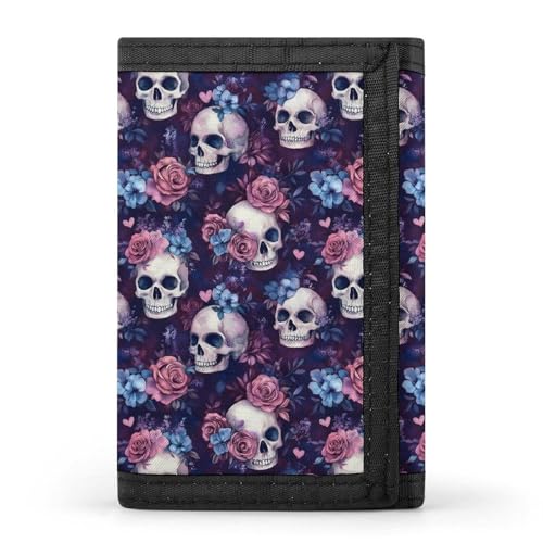 Pink Blue Rose Skull Print Wallet for Men, 8 Credit Card Holder Slim Minimalist Front Pocket Small Mens Bifold Wallets