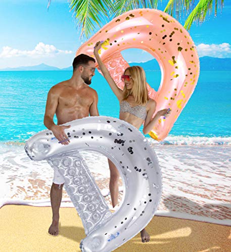 Image of POZA Inflatable Pool Float Chair - Luxurious Lounger Filled with Sparkle Confetti, 2 Built in Cup Holders & Handles, Water Floating Chair for Beach, Lake & Swimming Pool - 48 x 38 Inch