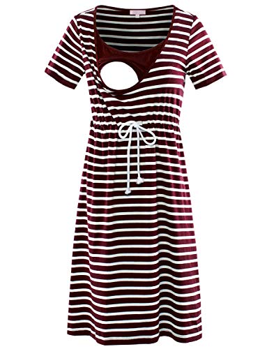 Image of Nursing Dress for Breastfeeding Summer Short Sleeve Striped Maternity Dress with Pockets M