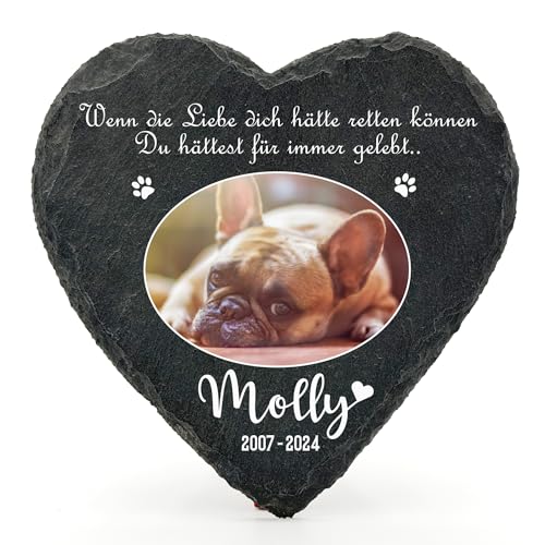 TULLUN Individueller Personalisiert Herzform Tiergrabstein Schiefer Natürlich Gedenkstein für Hund, Katze und andere Haustiere Tiere - Größe | 10 x 10 cm | - Ovales Foto