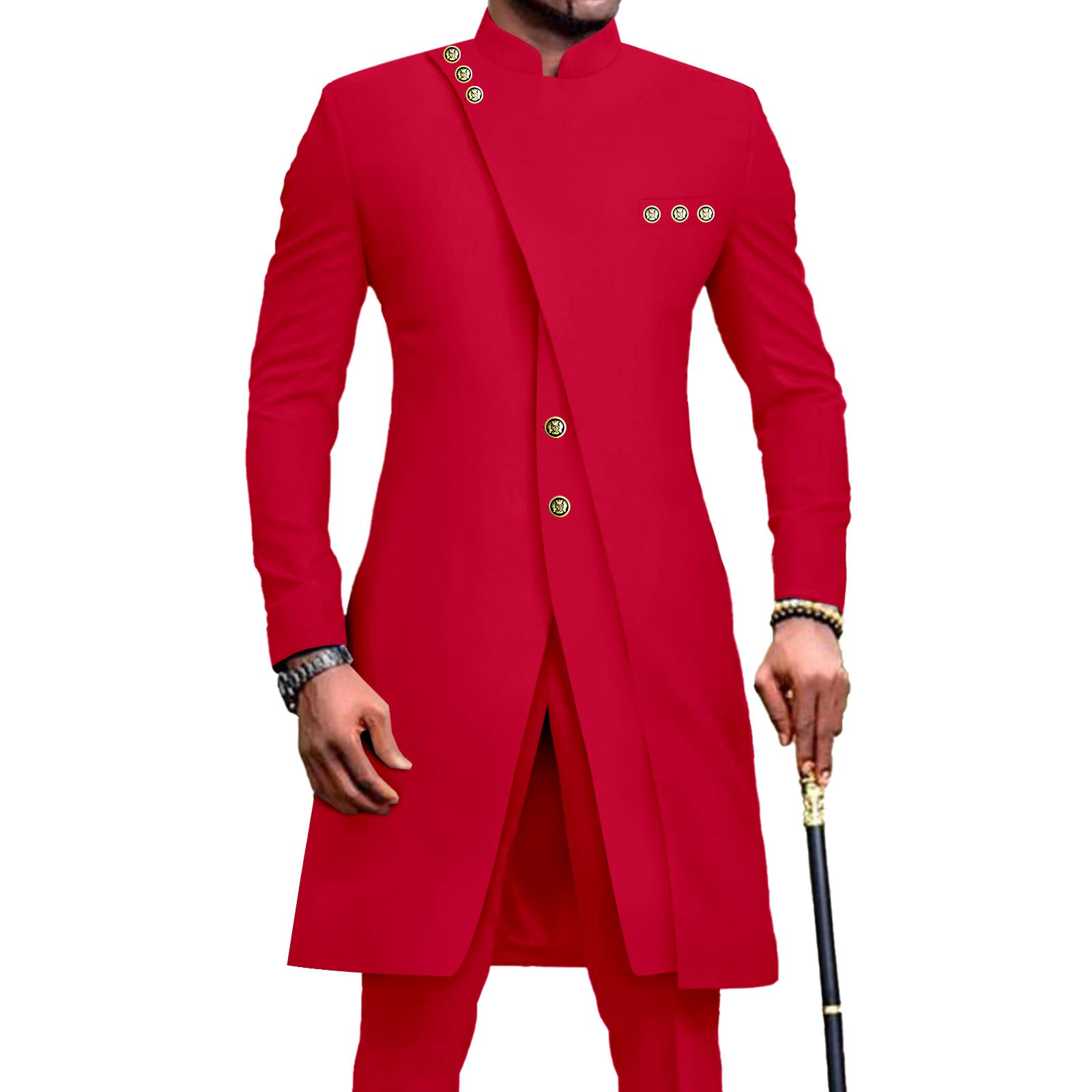 Africa-Pride Men's Red African Suits For Slim Fit Single Breasted Blazer And Pants Set Business Dress Suit Party Wedding Evening, M
