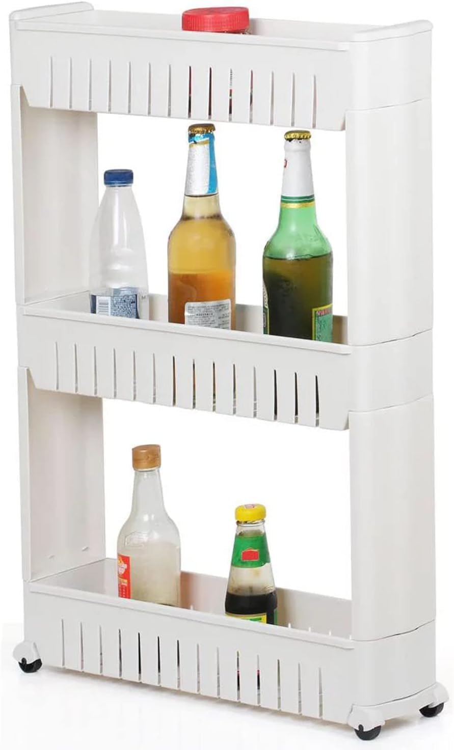 HYGRAD BUILT TO SURVIVE Slim Slide Out Kitchen Trolley, Storage Shelf, Moving Wall Cabinets Tower Holder Rack on Wheels, Rolling Storage Unit Cart for Kitchen, Bathroom, Laundry (White, 3 Tier)