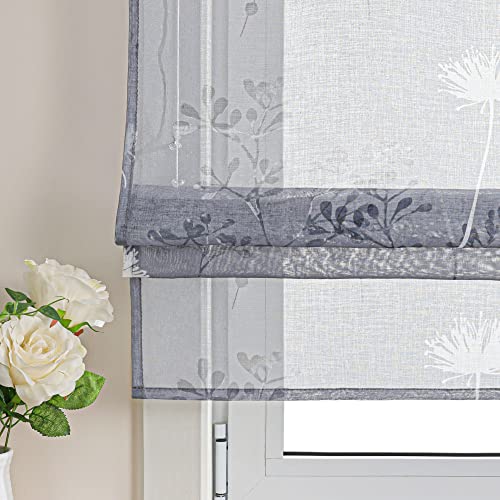 Delien Roman Blind Linen Look Transparent Roller Blinds Country House Kitchen Curtain Modern Roman Curtain with Floral Print "Dandelion" Ribbon Blind for Small Windows with Drawstring W x H 80 x 140 - Image 4