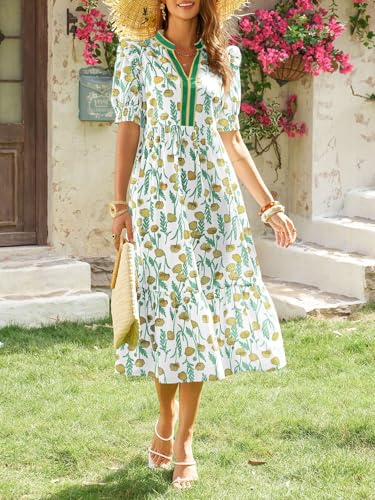 Image of Wenrine Womens Summer Midi Dress Casual Floral Puff Short Sleeve V Neck Swing Flowy Boho Beach Dresses with Pockets
