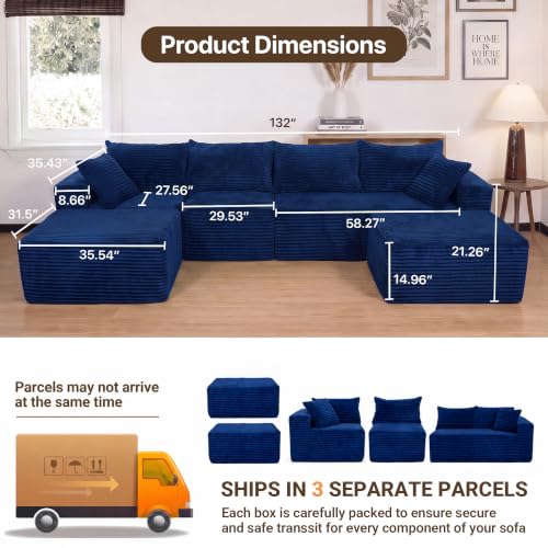 Image of Claiks 132 inch Boneless Couch, U-Shape Corduroy Sectional Sofa, Blue