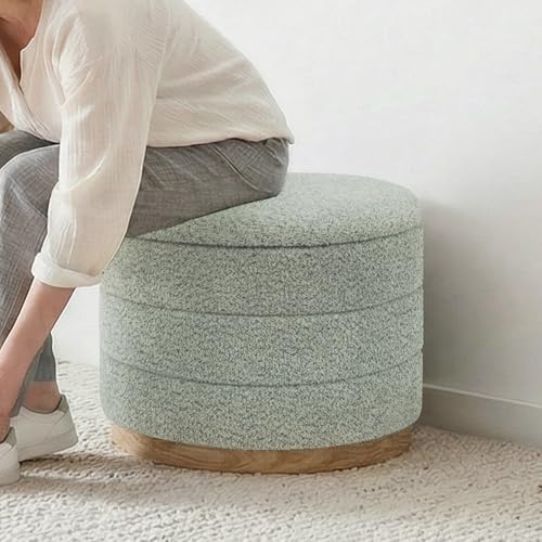 Image of Round Storage Ottoman with Tray, Chenille Folding Foot Rest Coffee tabele for Living Room Bedroom Dorm,Wood Grain Leather