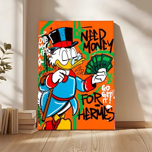 Image of Modern Pop Art Duck Money Canvas Wall Art Painting For Living Room | Graffiti Street Painting | Bold Cartoon Artwork for Living Room, Office & Cafe Decor, 56x86 cm