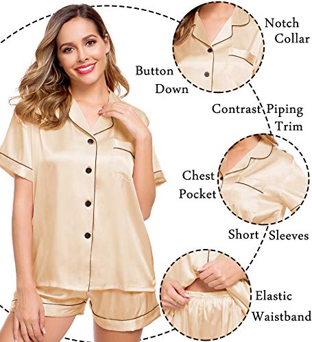 Image of LecGee Womens Silk Satin Pajamas Short Sleeve Loungewear Two-Piece Sleepwear Button-Down Pj Set