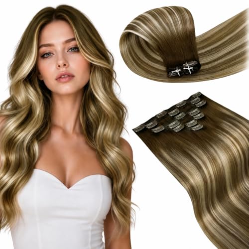 Image of LaaVoo Hair Extensions Clip Ins, For Vacation, 20 Inch | Dark Brown Fading Into Light Brown Blonde Balayage, 120g 7pcs, Real Hair Extensions Clip In Human Hair, Silky, Seamless