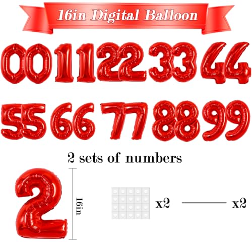 Image of TONIFUL 20 Pcs Number Balloon 2 Set 16 Inch Fat Red 0-9 Numbers Balloons | Small Custom Digital Mylar Foil Ballons for Birthday Valentine's Day Graduation Anniversary 2027 New Year Eve Party Decor
