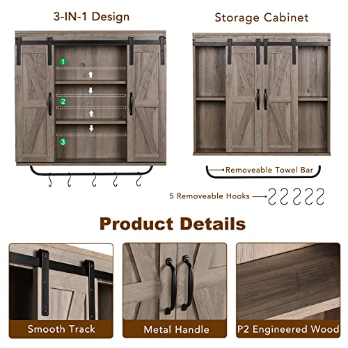 Rustown Rustic Wood Wall Storage Cabinet With Two Sliding Barn Door, 3-Tier Decorative Farmhouse Vintage Cabinet For Kitchen Dining, Bathroom, Living Room, Washed Oak #TOP5