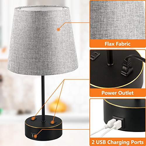 USB Table Lamp, Gray Fabric Shade Bedside Table Lamp with Two AC Outlet Fast Dual USB Charging Ports, Modern Design Desk Lamp Ideal for Bedroom,Office,Guest Room, Kids Room 2Pack