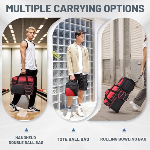 3 Ball Bowling Bags with Wheels, Bowlig Roller Bag for 3 Ball with Separate Shoe Compartment and Retractable Handle, 2 Ball Bowling Roller Bag + 1 Ball Color Matching Add On Tote (Red-Black)
