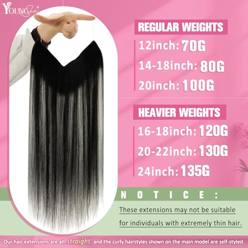 Image of YoungSee Invisible Wire Hair Extensions Black, Balayage Natural Black Mix Silver Blonde, Fish Line Hair Extensions Real Human Hair, Short Hair 12 Inch 75g, One Piece Hair Extension for Thin Fine Hair