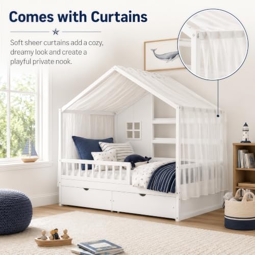 Image of Bellemave Twin House BedFrame with Canopy and Storage Drawers, Montessori Bed, House Bed with Rails for Kids, White