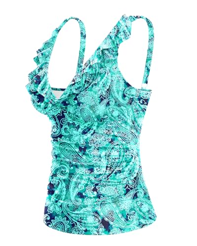 Image of Ruffle V Neck Tankini Top Only Women Tummy Control Swimsuit Tank Top | Removable cups for custom bust lift, Blend soft spandex to stretch easily