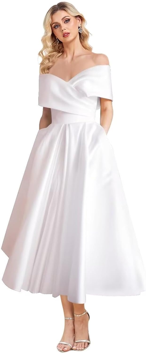 Women's Off Shoulder Wedding Dress for Bride Tea Length A Line Satin Formal Prom Dresses with Pockets