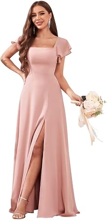 Bolodoo Womens Short Sleeve Bridesmaid Dresses for Wedding Empire Waist A Line Chiffon Long Formal Dresses with Slit