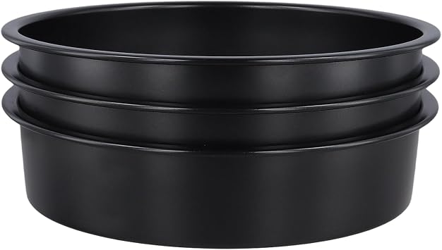 JEUIHAU 8 inch Cake Tins Set of 3, Non-Stick Carbon Steel Layer Cake Pans, Round Baking Pan for Roasting Serving (Black)