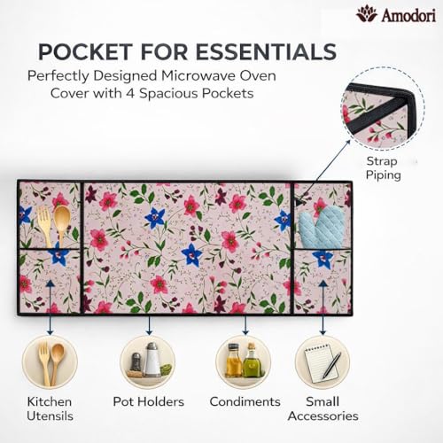Image of Microwave Oven Top Cover 35x100 cm | Wipe Clean Fabric | 4 Utility Pockets (Floral-24)