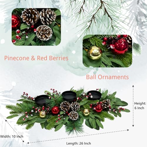 Svndlyn Christmas Candle Holder Christmas Decorations 3 Candle Holders with Snow Flocked Pinecones,Cedar Branches Pine Needles Berries Ornament Eucalyptus Leaves for Table Centerpiece Holiday Decor by Svndlyn - Image 3