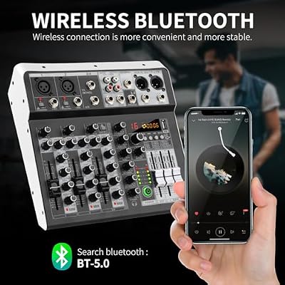 XTUGA KP4 4 Channel Audio Mixer, 16-Bit DSP Effect USB Audio Interface Effects +48V Phantom Bluetooth for Home Studio Recording,Live Streaming, Recording Equipment, KTV, Party, Church