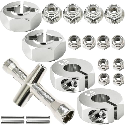 Fraizoe RC Aluminum 12mm Hex Wheel Hub 4Pcs w/Axle Pin M4 Flange Lock Nut Standard M3 M4 Nut 5mm Thickness Wheel Drive Adapter for 1/10 Traxxas HSP Redcat Rc4wd Tamiya Axial SCX10 WLtoy RC Car(25Pcs)