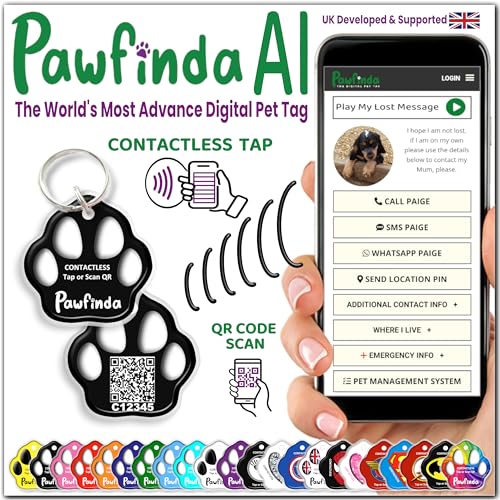 PAWFINDA AI – Next Generation AI Digital Pet Tag. Personalised Cat Dog Pet Engraved ID Tag with CONTACTLESS NFC, QR Code Technology and PawVoice AI. Developed & Fully Supported in The UK (Black Paw)