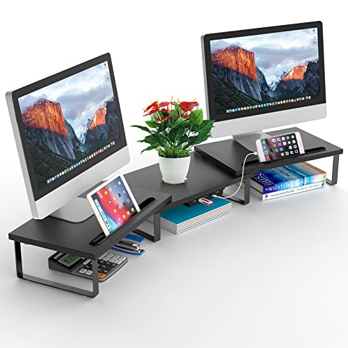 Dual Monitor Stand Riser, Adjustable Length and Angle, AQQEF Computer Monitor Shelf with USB3.0 and Slot for Tablet and Cellphone, Wooden Desktop Oraganizer Stand for 2 Monitors,Computer,Laptop,Printer,TV (Wood)